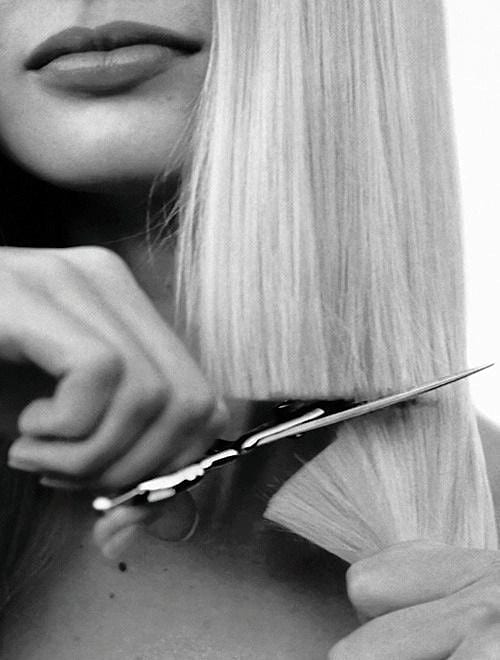 Black and white close-up of scissors cutting blonde hair